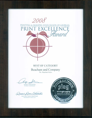 The Printing & Imaging Association of Georgia's award to The Beacham Series in its statewide Print Excellence Competition.