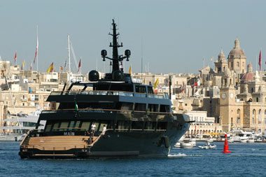 Giorgio Armani's yacht Main arrives at Grand Harbour. Photo copyright of Jason Borg and Times of Malta.