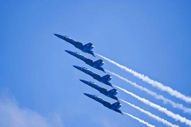 The Navy Blue Angels soar in perfect formation over Seafair 2008. Photo copyright Ilya's Photography.