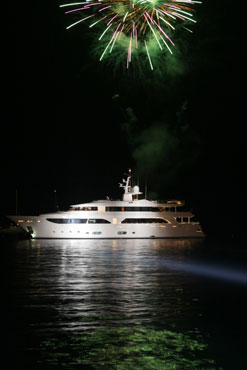 Fireworks and spotlights illuminate this yacht at the International Cannes Boat & Yacht Show. Photo copyright of Ilya's Photography.