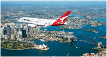 The Qantas A380 aircraft takes flight over Sydney, Australia.